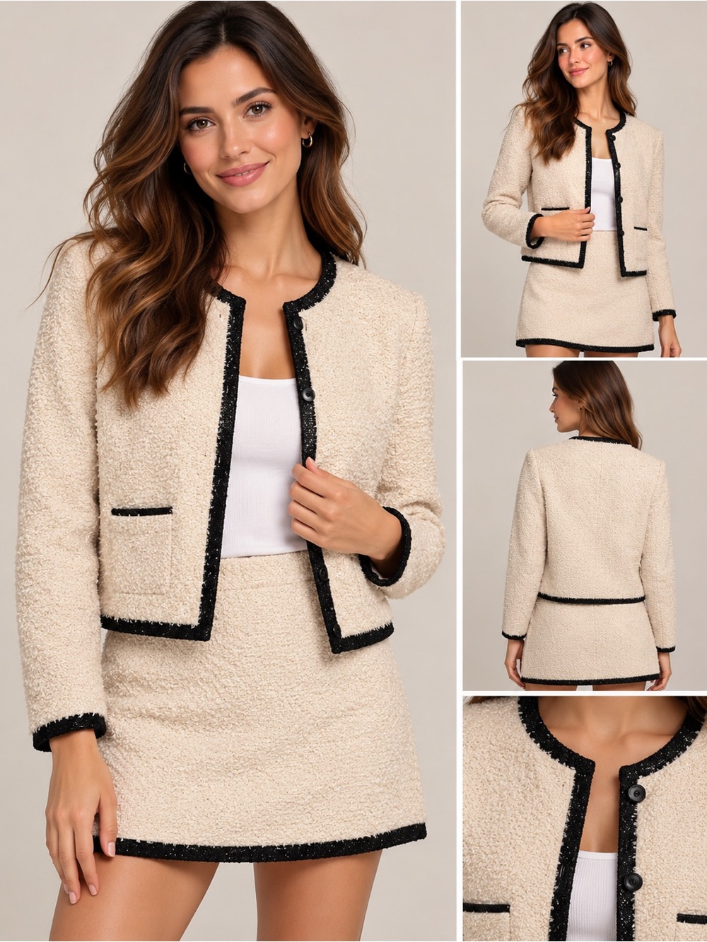 Rebecca Taylor Cream Shell Fabric Trim Jacket with Black Contrast